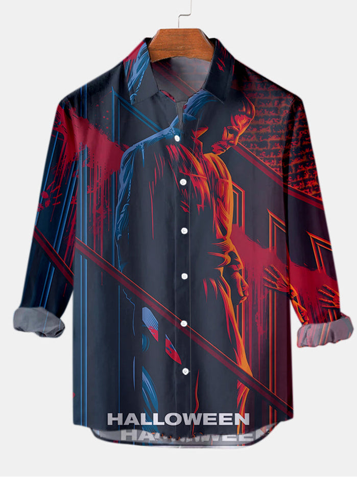 Men's Halloween Retro Movie Poster Pattern Long Sleeve Shirt PLUSCLOTHESMAN