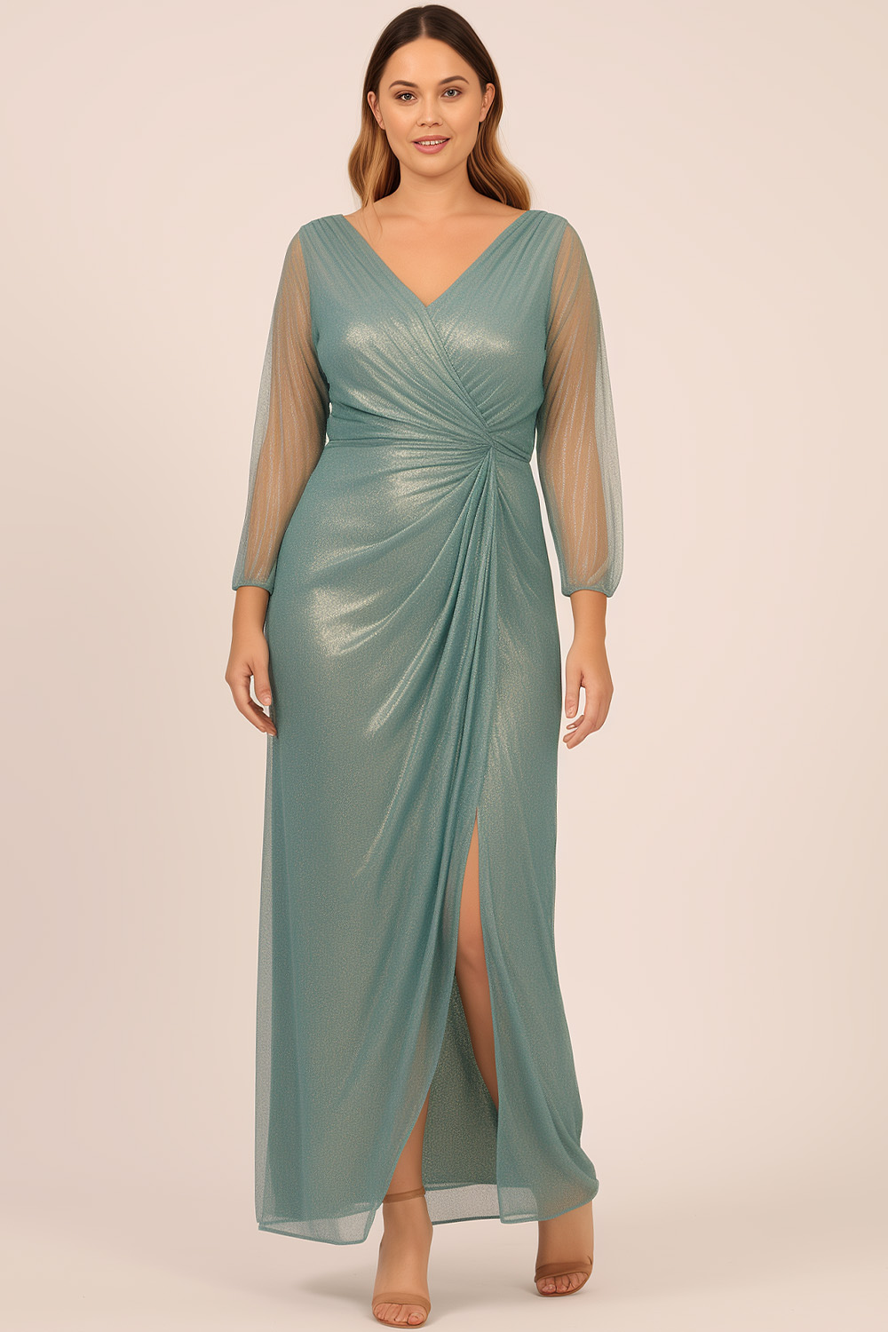 Flycurvy Plus Size Wedding Guest Green Metallic Mesh Wrap Twist Waist Slit Maxi Dress