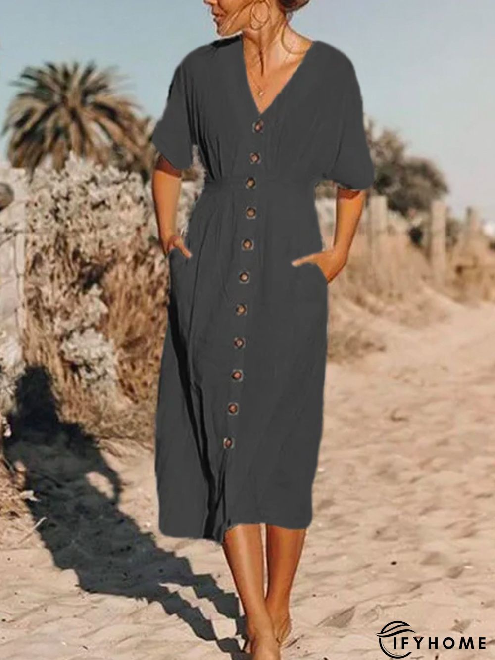 Solid Cotton Casual V Neck Weaving Dress | IFYHOME