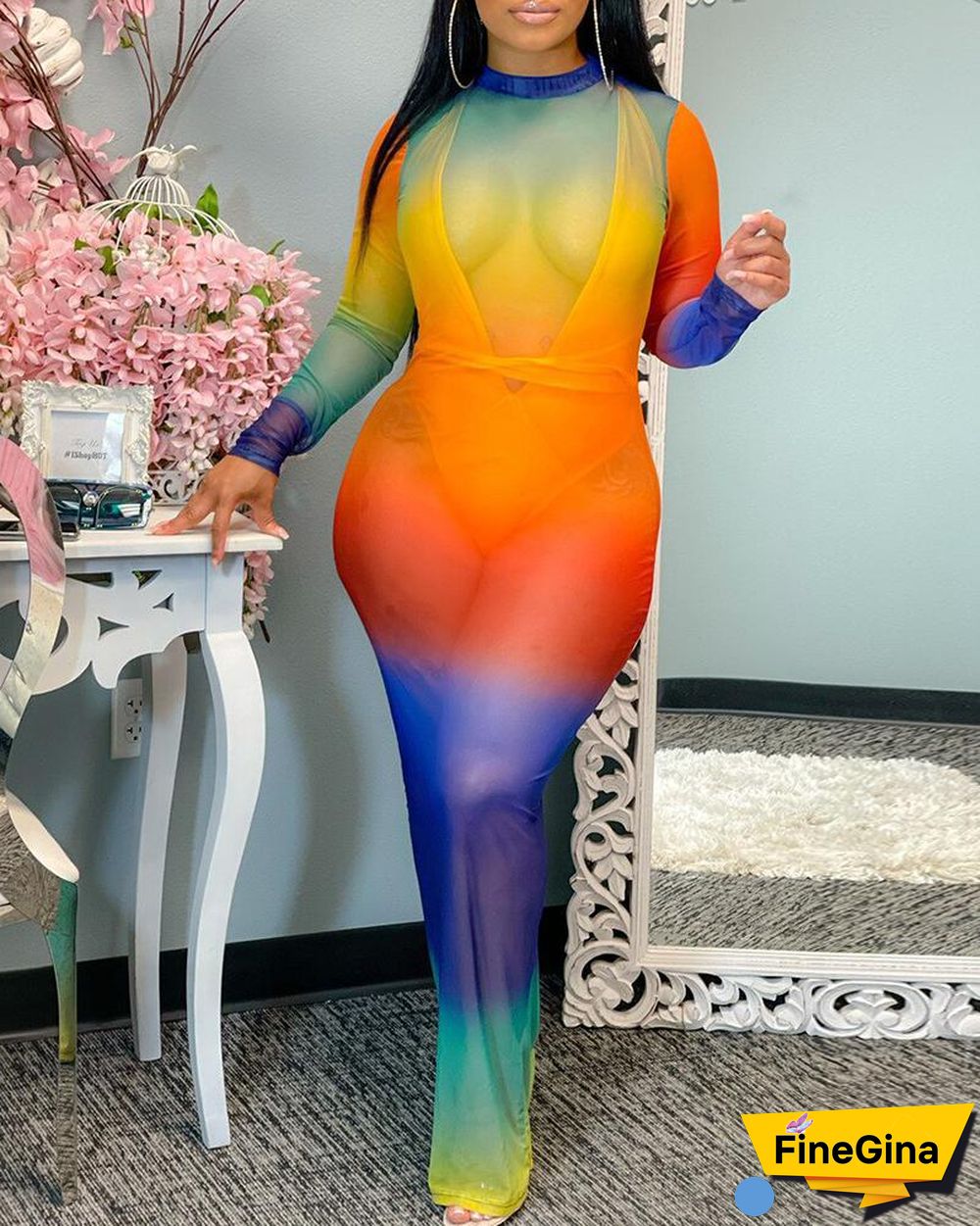 Tie Dye Print Sheer Mesh Bodycon Maxi Dress