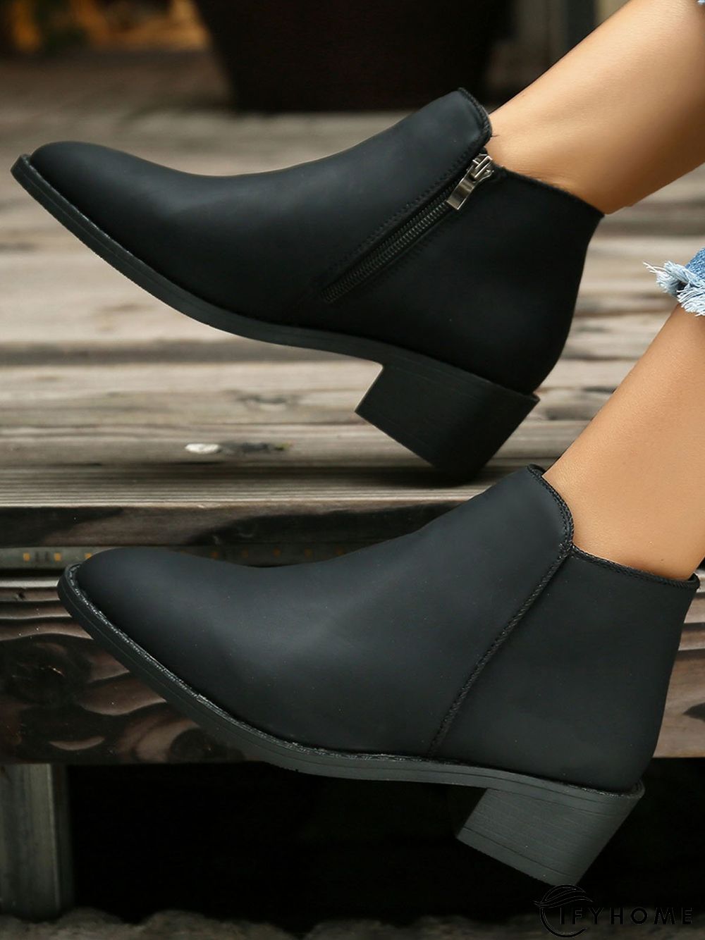 Simple Zipper Pointed Toe Chunky Heel Booties | IFYHOME