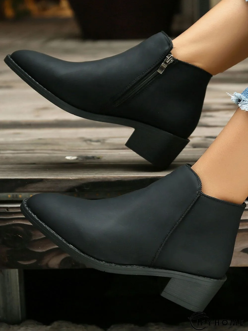 Simple Zipper Pointed Toe Chunky Heel Booties | IFYHOME