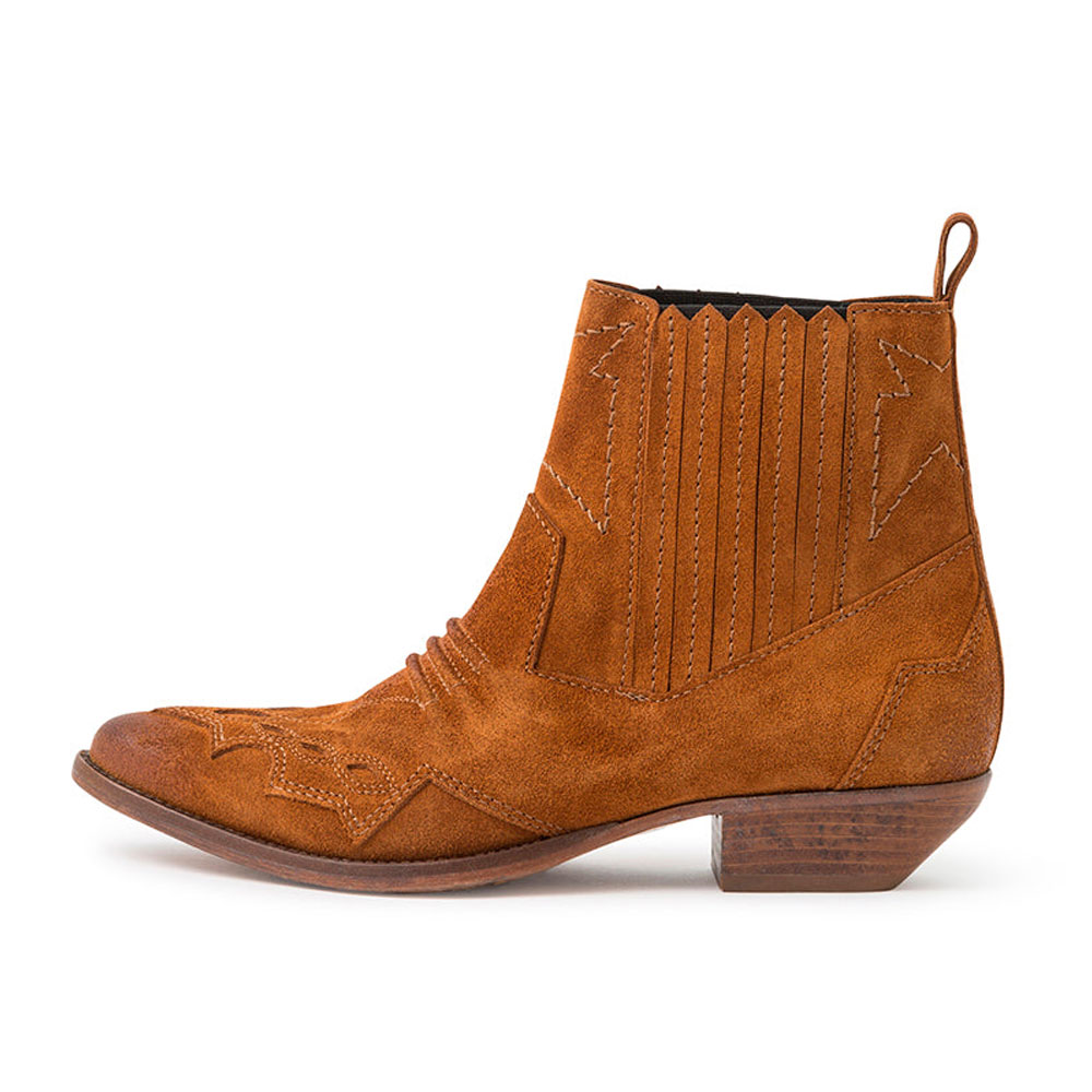 Brown Stitching Pull Tab Almond Toe Chunky Heel Cowgirl Ankle Boots Nicepairs