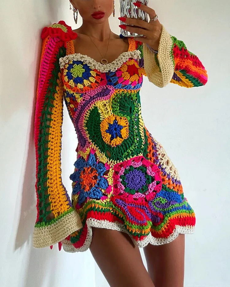 Colorful Crochet Floral Knit Mini Dress