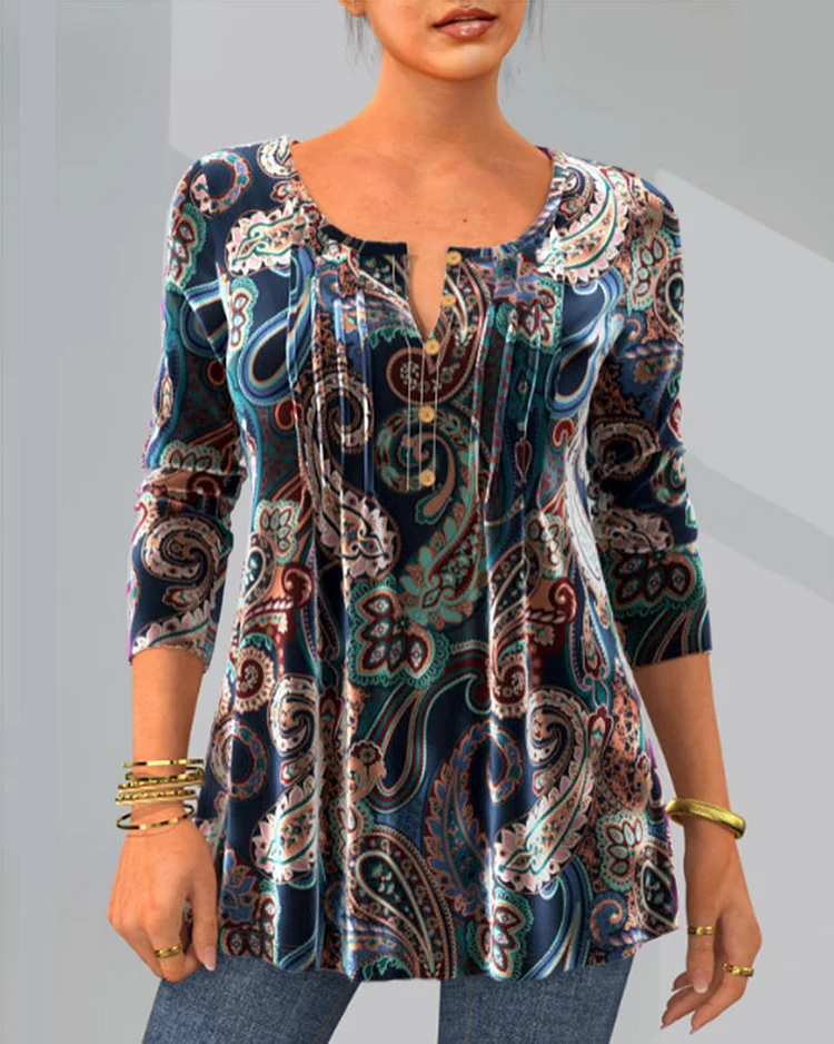 Women's Boho T-Shirt Paisley Print Crew Neck Long Sleeve T-Shirts