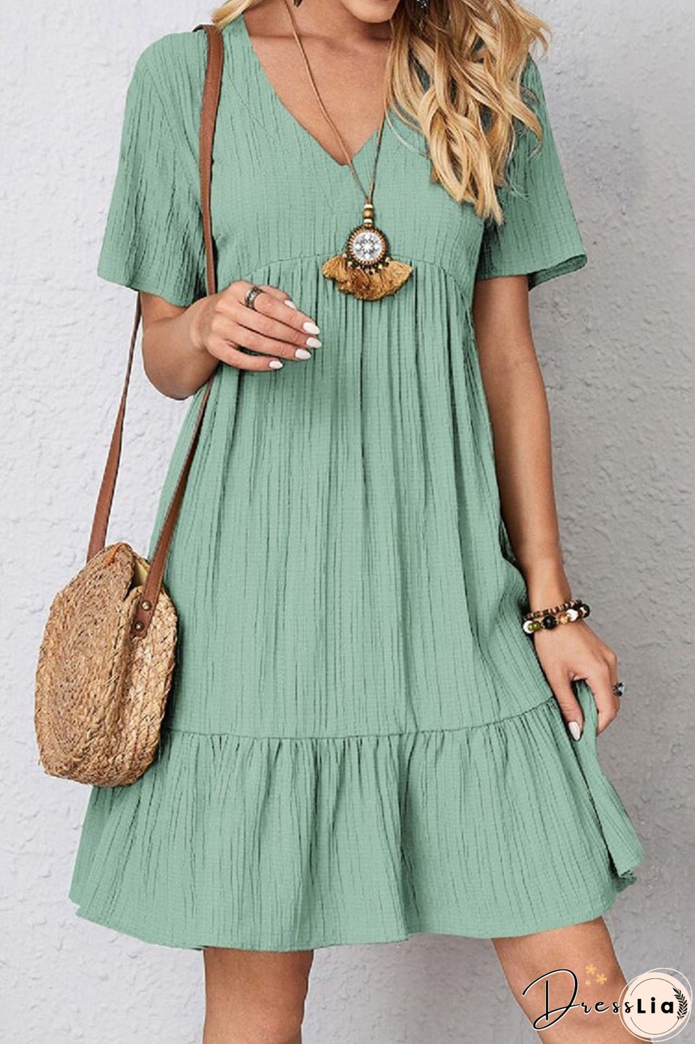 Full Size Ruched V-Neck Short Sleeve Dress