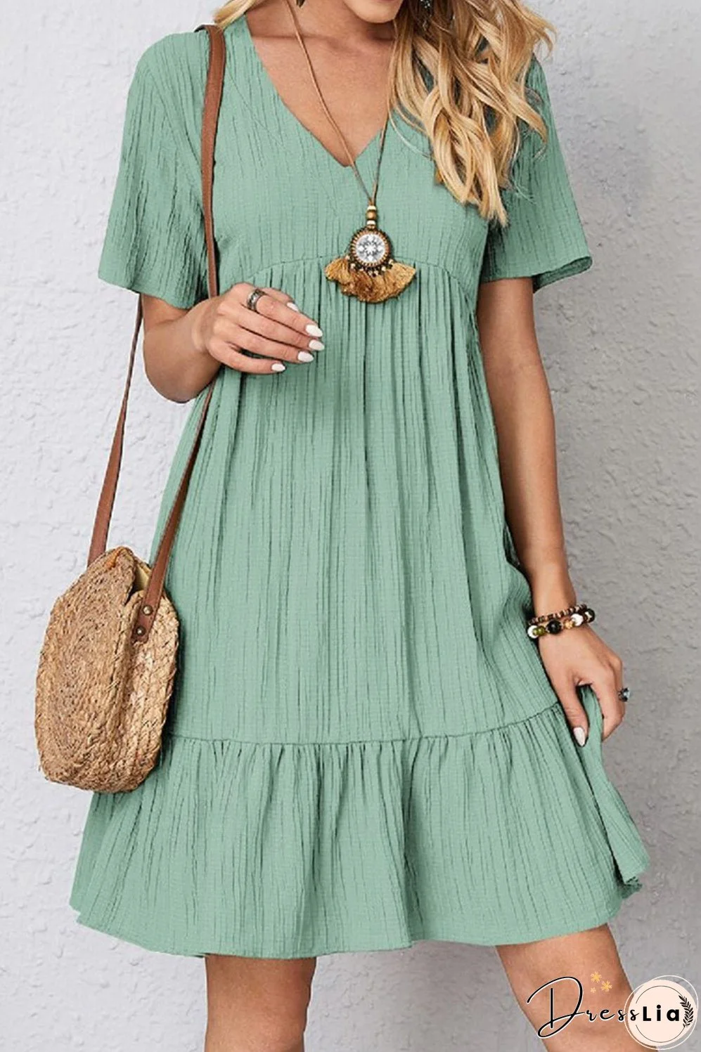 Full Size Ruched V-Neck Short Sleeve Dress