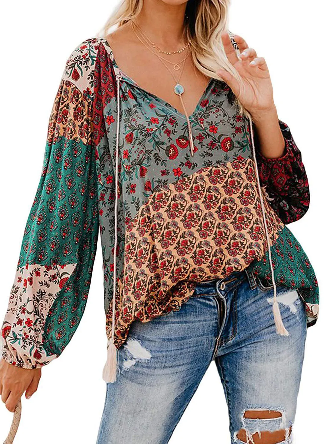 Churchf Churchf Autumn Floral Print Big V-Neck Long Sleeve Shirt Loose Rope Shirt Jacket Female