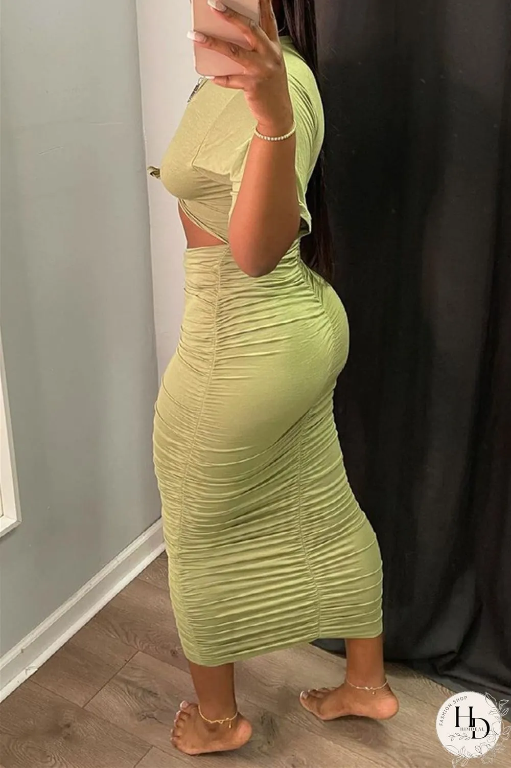 Orange Sexy Casual Solid Hollowed Out Fold O Neck Short Sleeve Dress