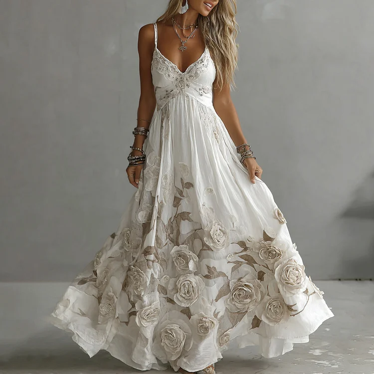 Women's Vintage Rose Embroidery Art V-neck Suspender Maxi Dress