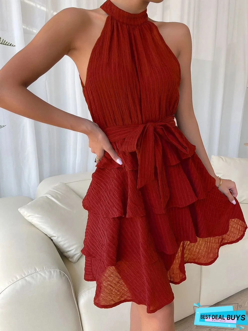 Sleeveless Neck Tie Waist Flounces Dress Skirt