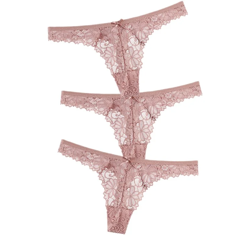3Pcs/Lot Sexy Lace Thong Low Waist Lace Transparent Panties Women Hollow out Breathable G String Briefs Bow Underwear Lingerie