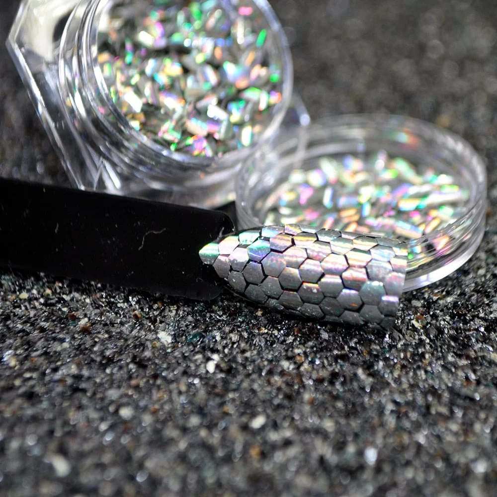 1 box Fish Scale Nail Sequins Holo Silver Mermaid Hexagon Glitter Sheets Bent Curve Bottom Manicure Nail Art Tips Decorations-Nail Inspo