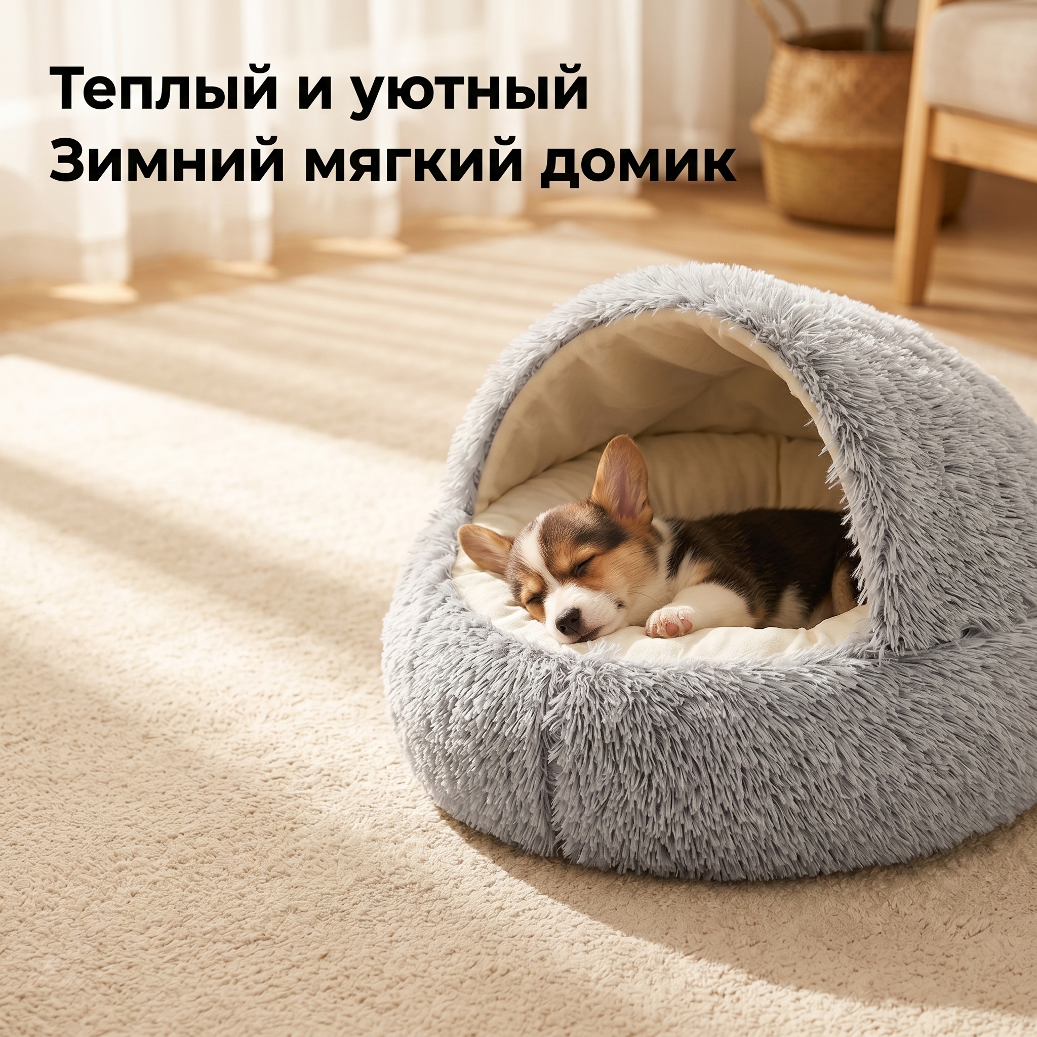GOPET&reg; Зимняя плюшевая лежанка для питомцев &mdash; Теплый коврик для глубокого сна и домик для кошек и собак &mdash; Круглая лежанка-&laquo;ракушка&raquo; &mdash; Товары для животных
