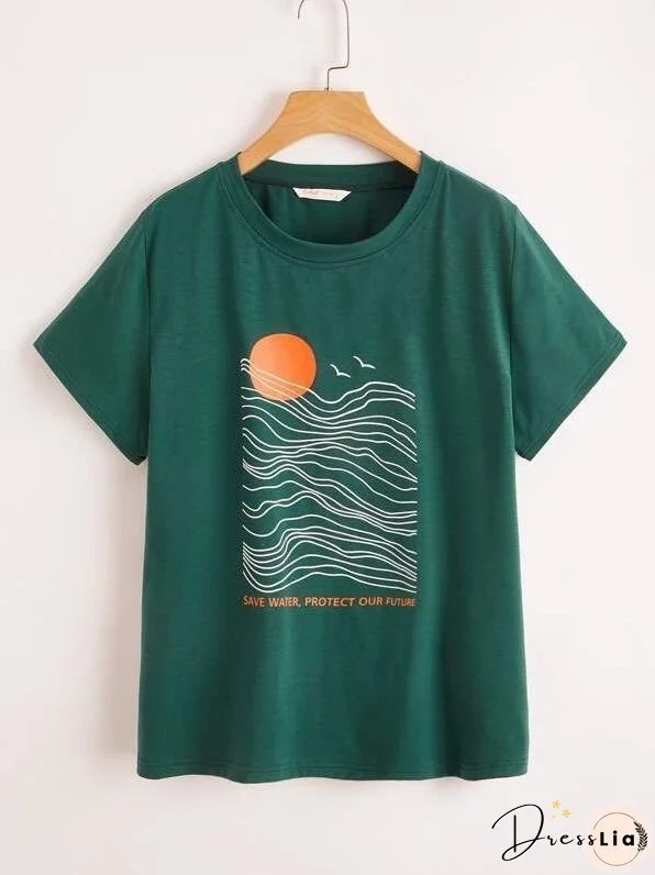Plus Slogan & Sunrise Print Tee