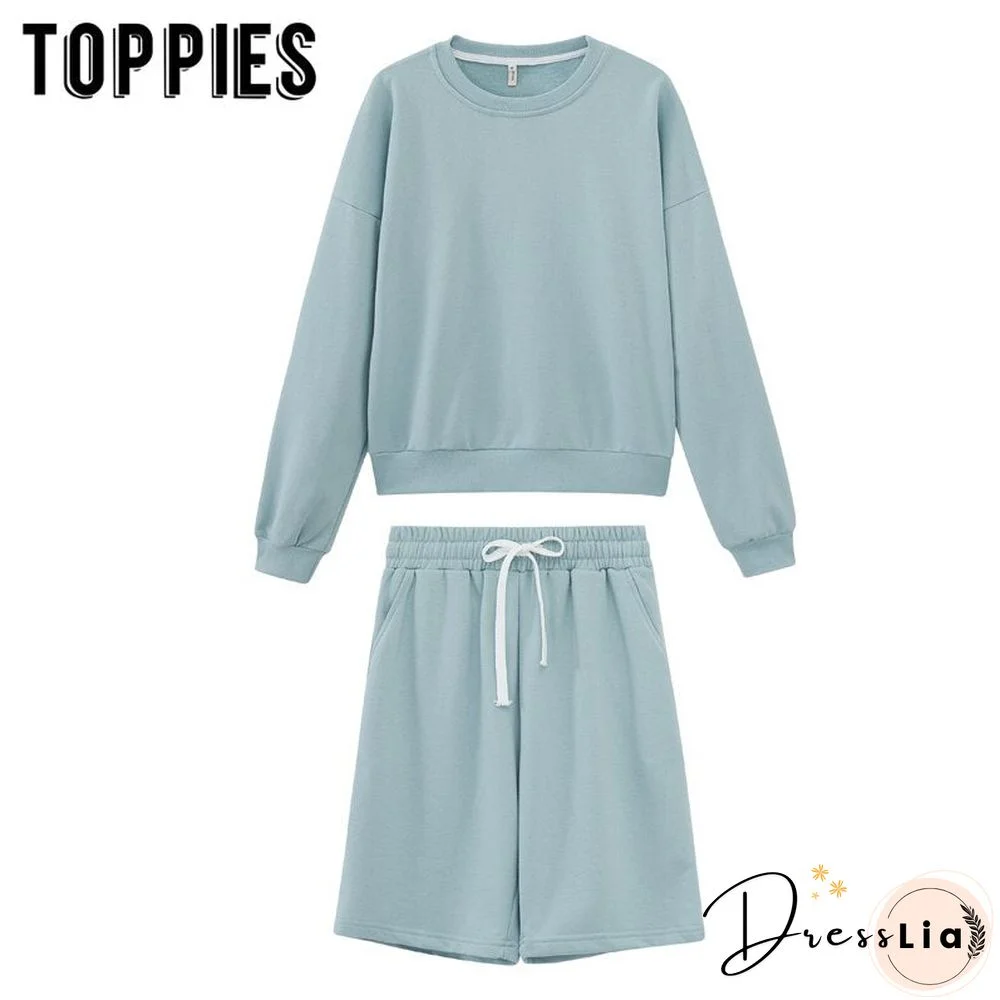 toppies Women Two Piece Set Tracksuits O-neck Sweatshirts Elastic High Waist bermuda shorts solid color