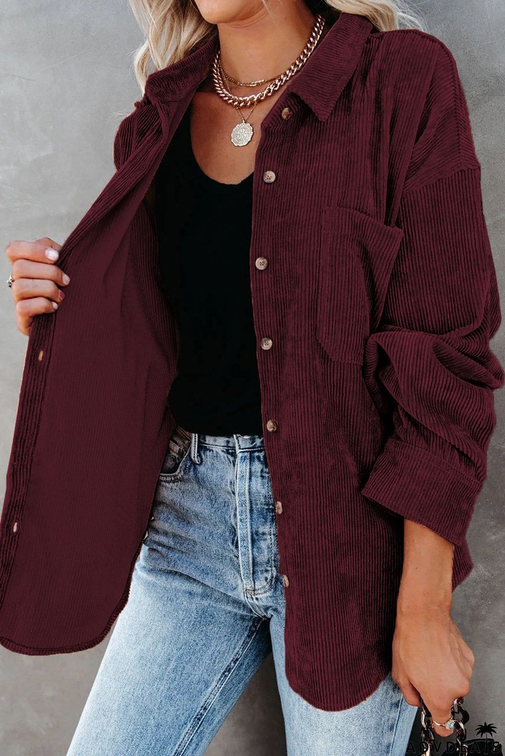 Wine Red Corduroy Button Pocket Shirt