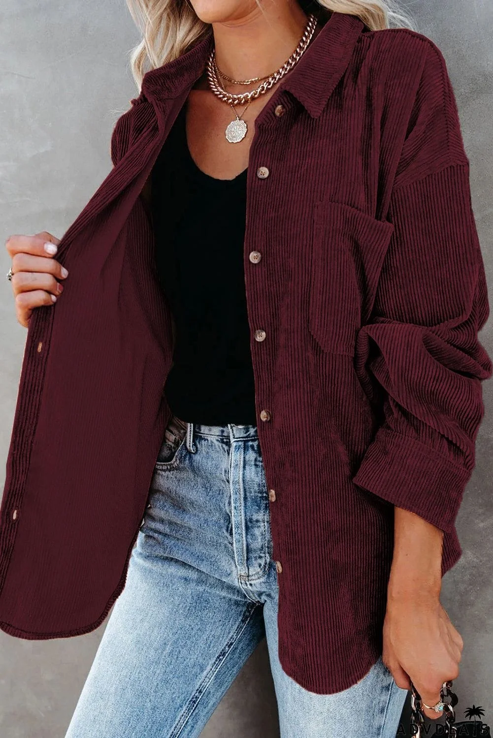 Wine Red Corduroy Button Pocket Shirt