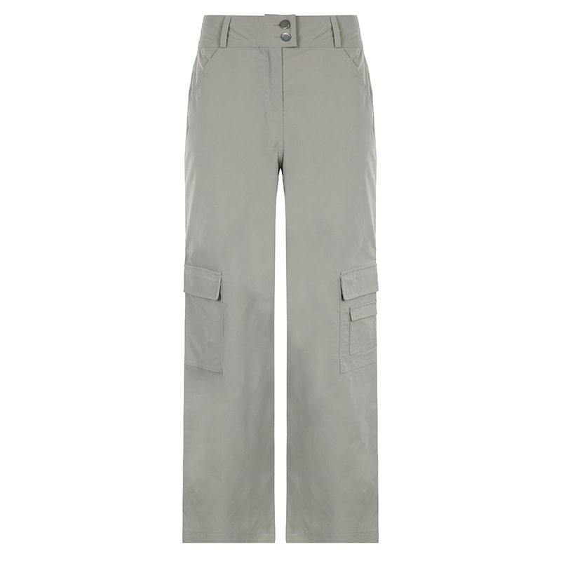 Women's Clothing Street Hipster Double Buckle Waist Design Solid Color Wide-leg Pants Multi-bag