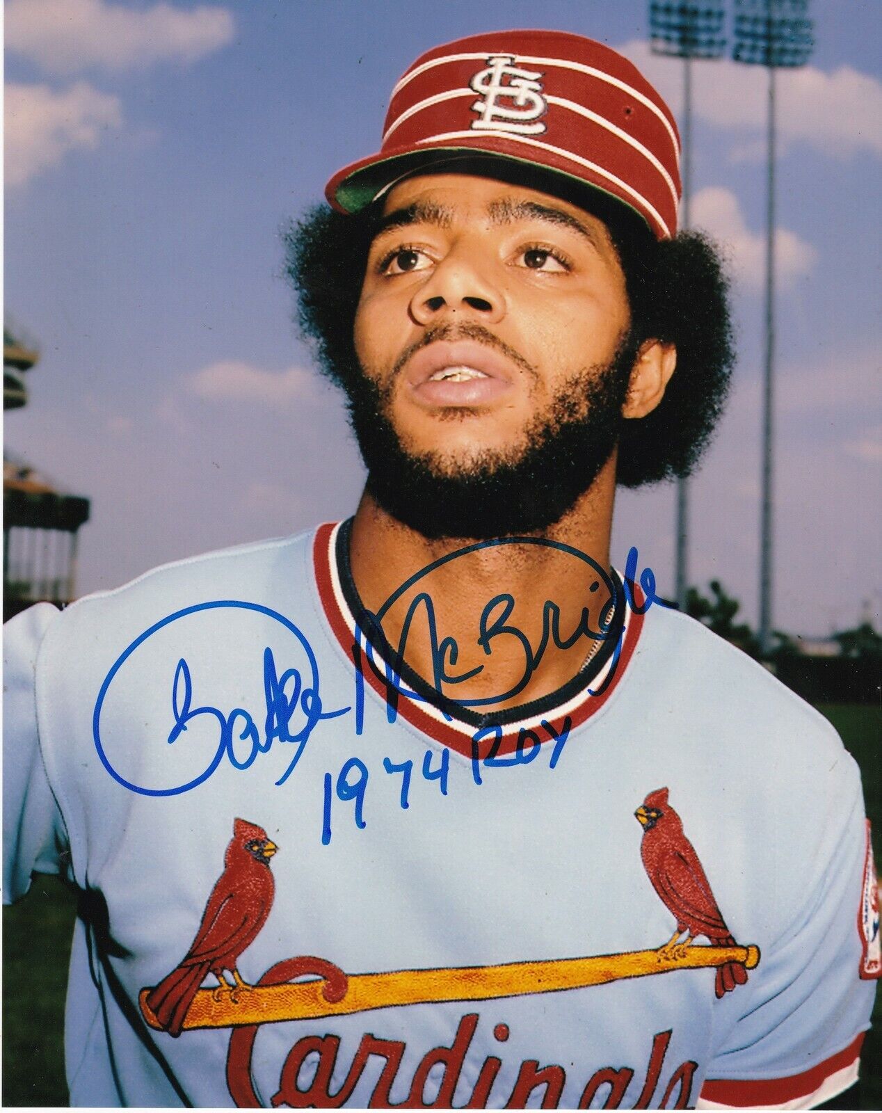 BAKE MCBRIDE ST. LOUIS CARDINALS 1974 ROY ACTION SIGNED 8x10