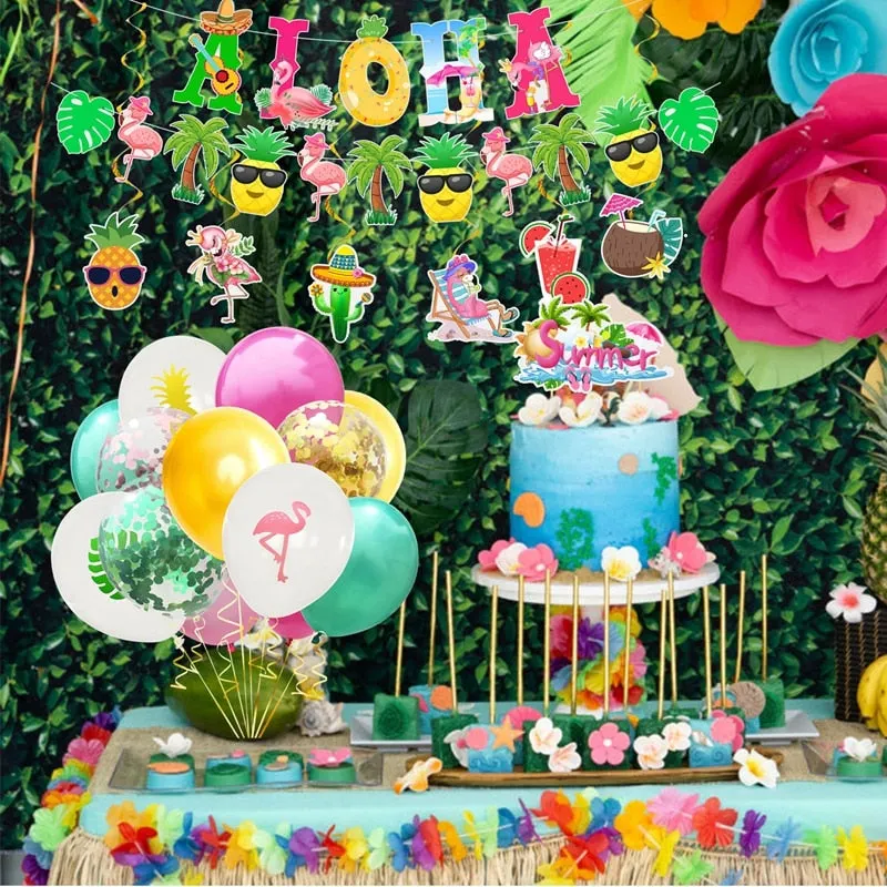 Hawaii Aloha Happy Birthday Banner Flamingo Hawaiian Tropical Party Decor Luau Summer Party Supplies Latex Balloons Cake Toppers