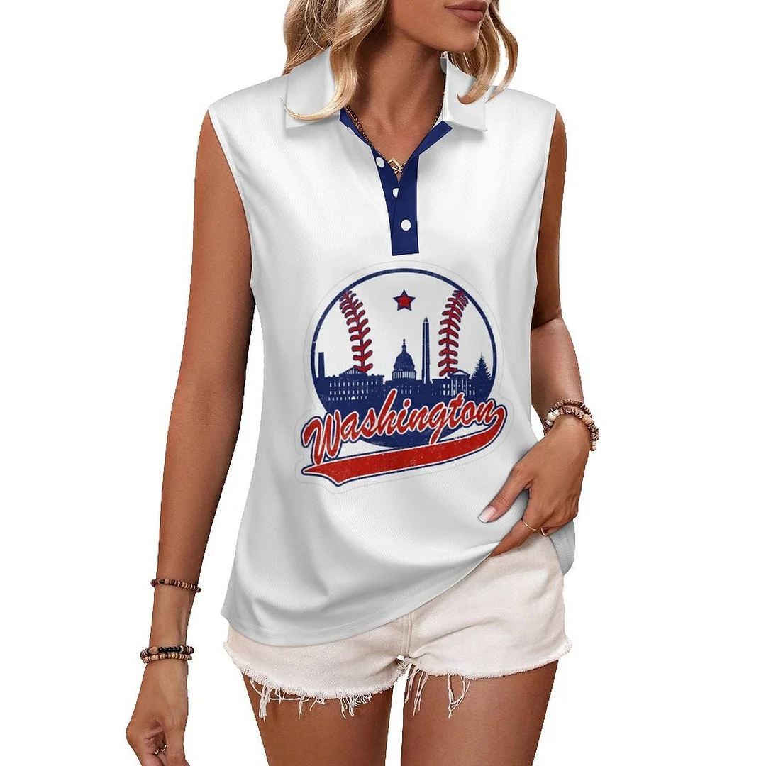 V-neck Sleeveless Casual POLO Shirt Tank Top for Women Printed with Pattern , Blue, Red
