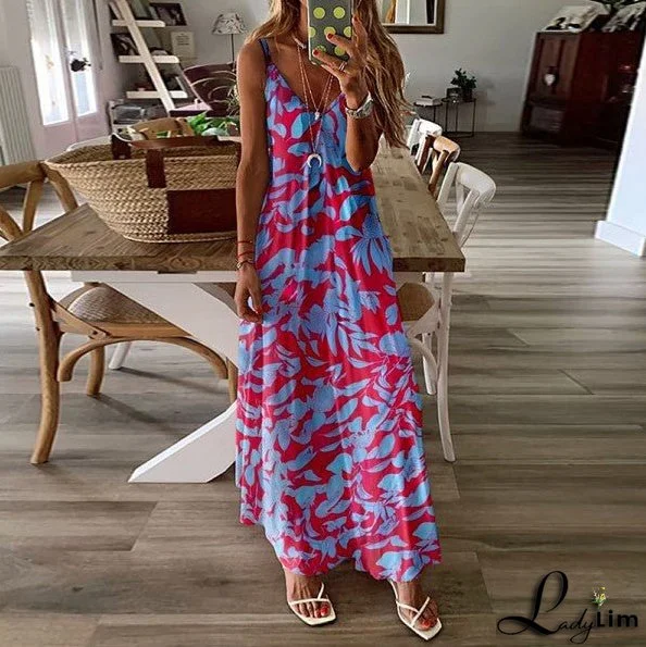 Stylish Women's V-Neck Dress with Positional Print and Loose Straps