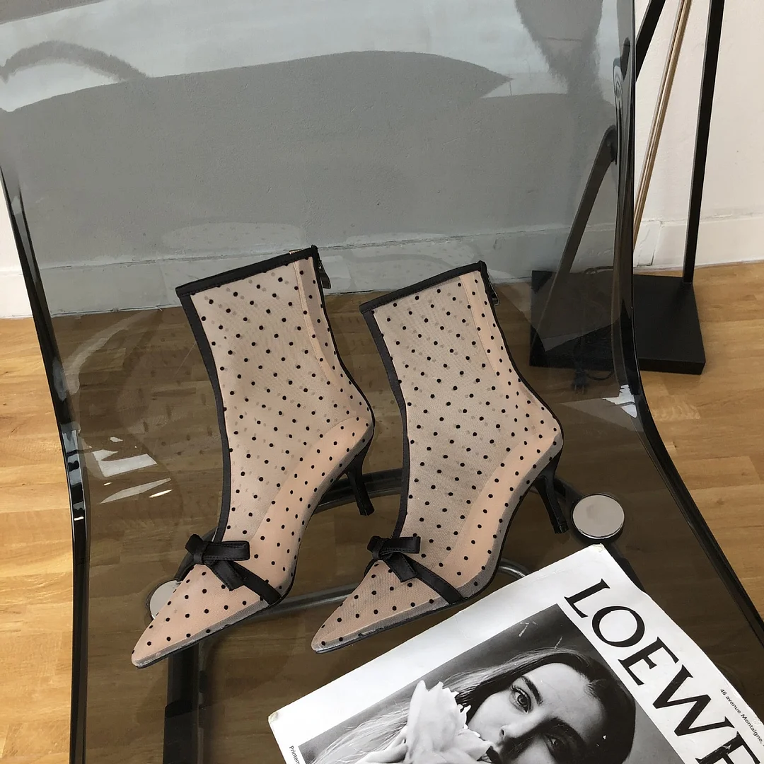 2020 Korean-Style Sexy Pointed Mesh Polka Dot Breathable Hollow Bow Stiletto Ankle Boots for Women