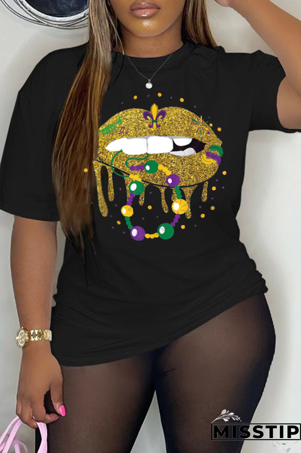 Black Party Vintage Lips Printed Patchwork O Neck T-Shirts