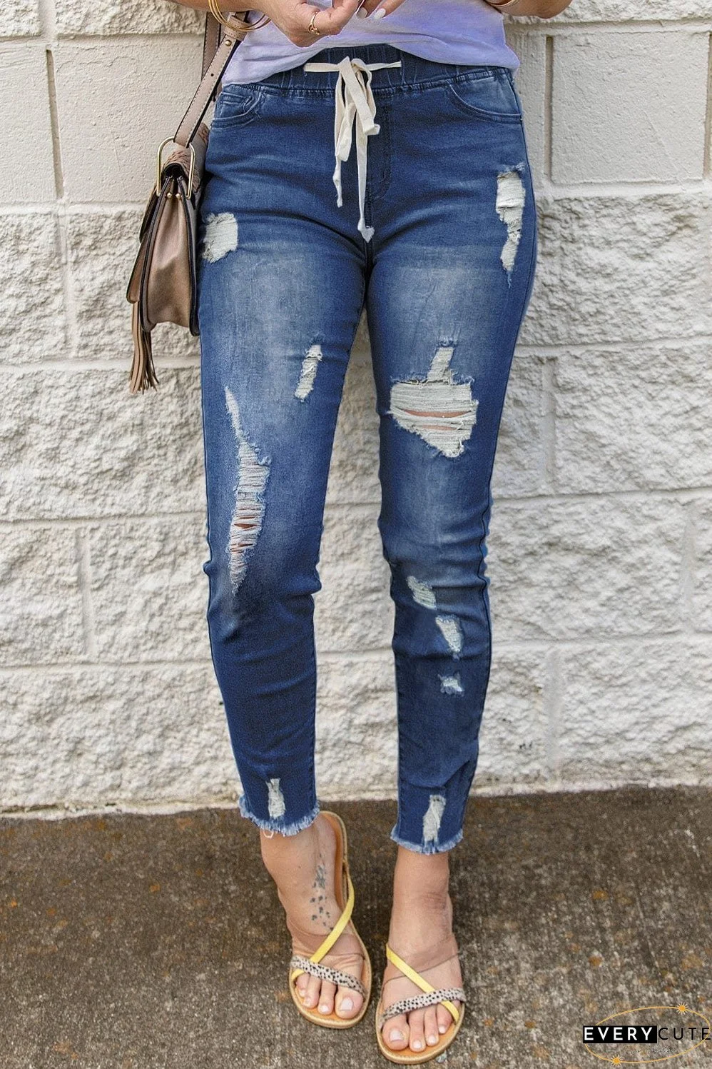 Blue Distressed Drawstring Waist Skinny Jeans