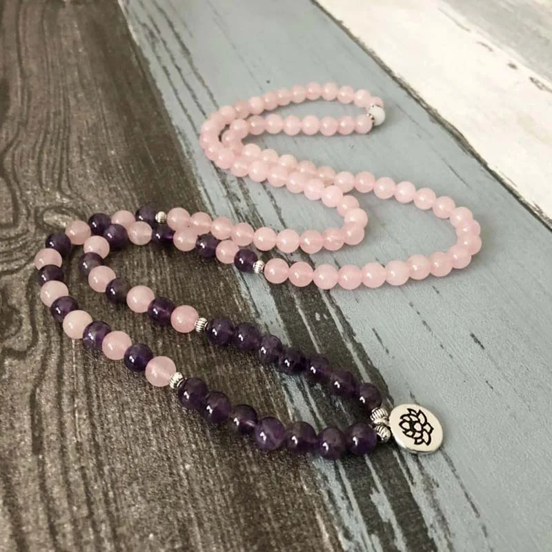 Natural Rose Quartz Amethyst Mala Bead Lotus Pendant Bracelet