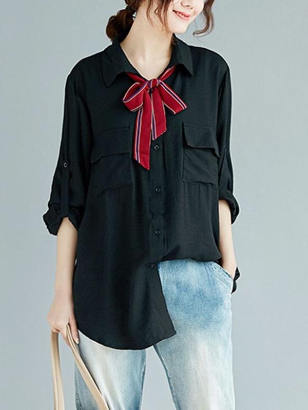 Loose Solid Color Bow Tie Shirt