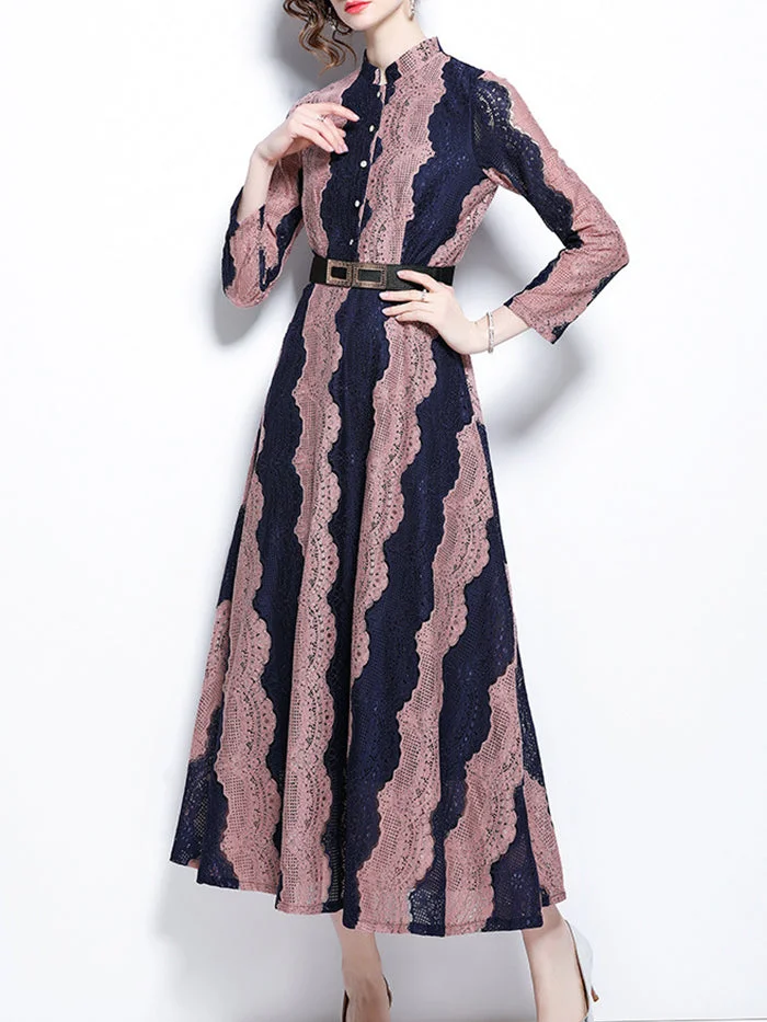 Stand-up Collar Lace Embroidered Long-sleeved Dress