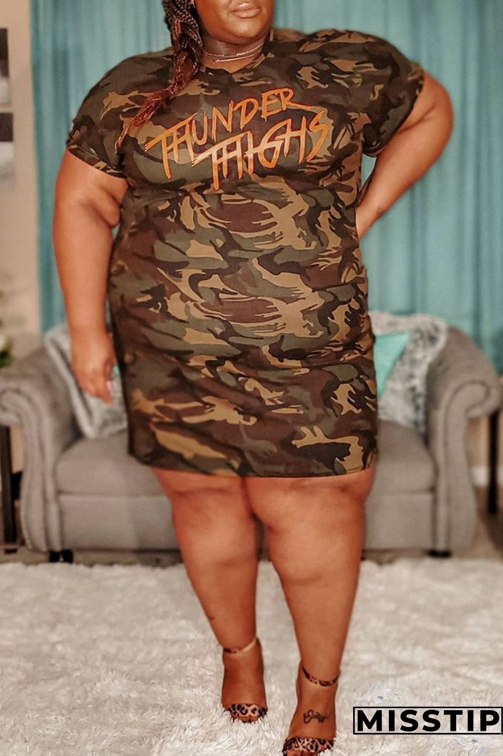 Camouflage Fashion Plus Size Letter Camouflage Print Basic O Neck Short Sleeve Dress