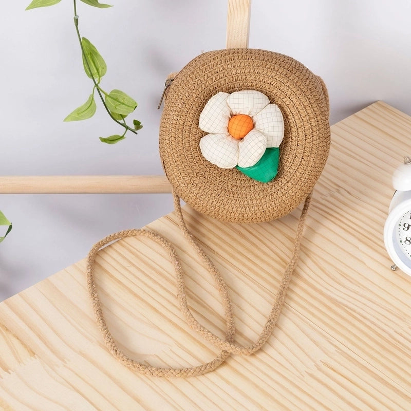 Girl’s Small Straw Flower Bow Knot Cute Round Zipper Crossbody Bag