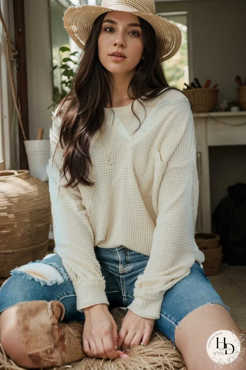 deep v neck long sleeve knitted sweater