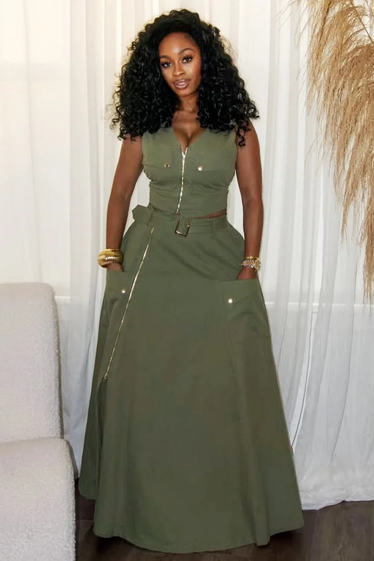 V Neck Zip-Up Vest Buckle Pocket Slit Maxi Skirt 2pcs Set-Green