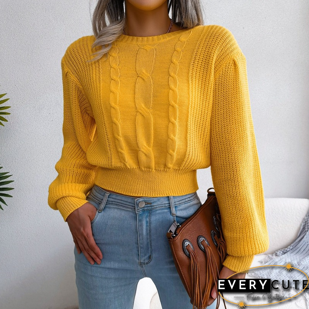 Twist Knit Sweater Pullover For Women Fall New Solid Knitwear Casual Full Balloon Sleeve Waist Skinny Short Sweater