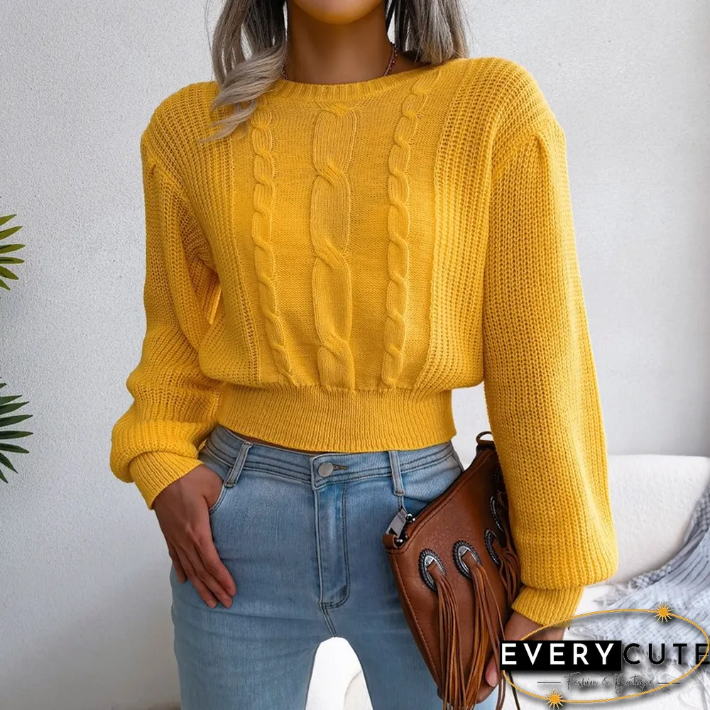 Twist Knit Sweater Pullover For Women Fall New Solid Knitwear Casual Full Balloon Sleeve Waist Skinny Short Sweater
