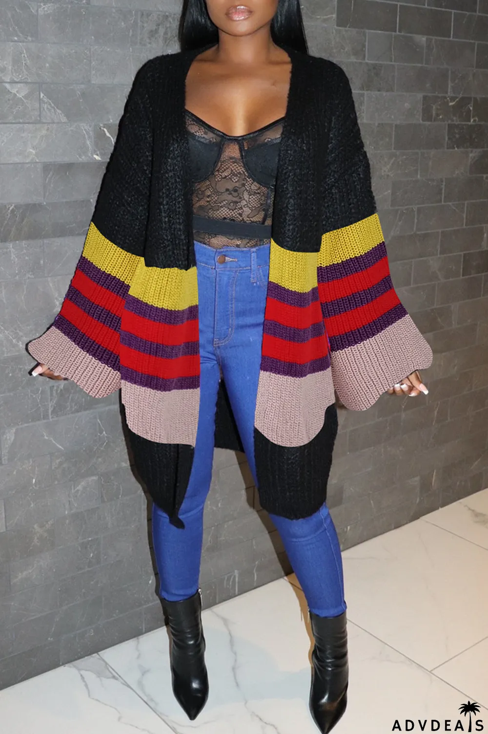 Black Fashion Casual Patchwork Cardigan Outerwear