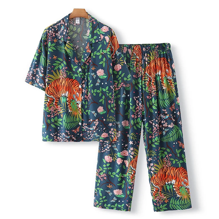 Women's New trends Print Comfortable Lapel Cotton Satin Sleepwear Sets