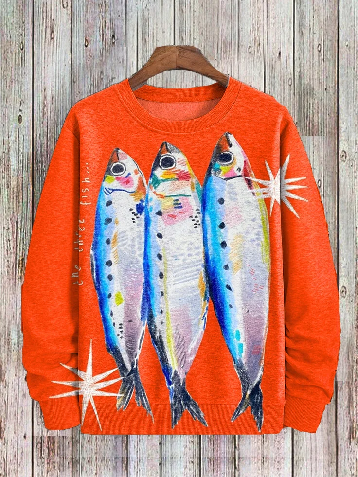 Men's Vintage Three Sardine Art Print Casual Sweatshirt