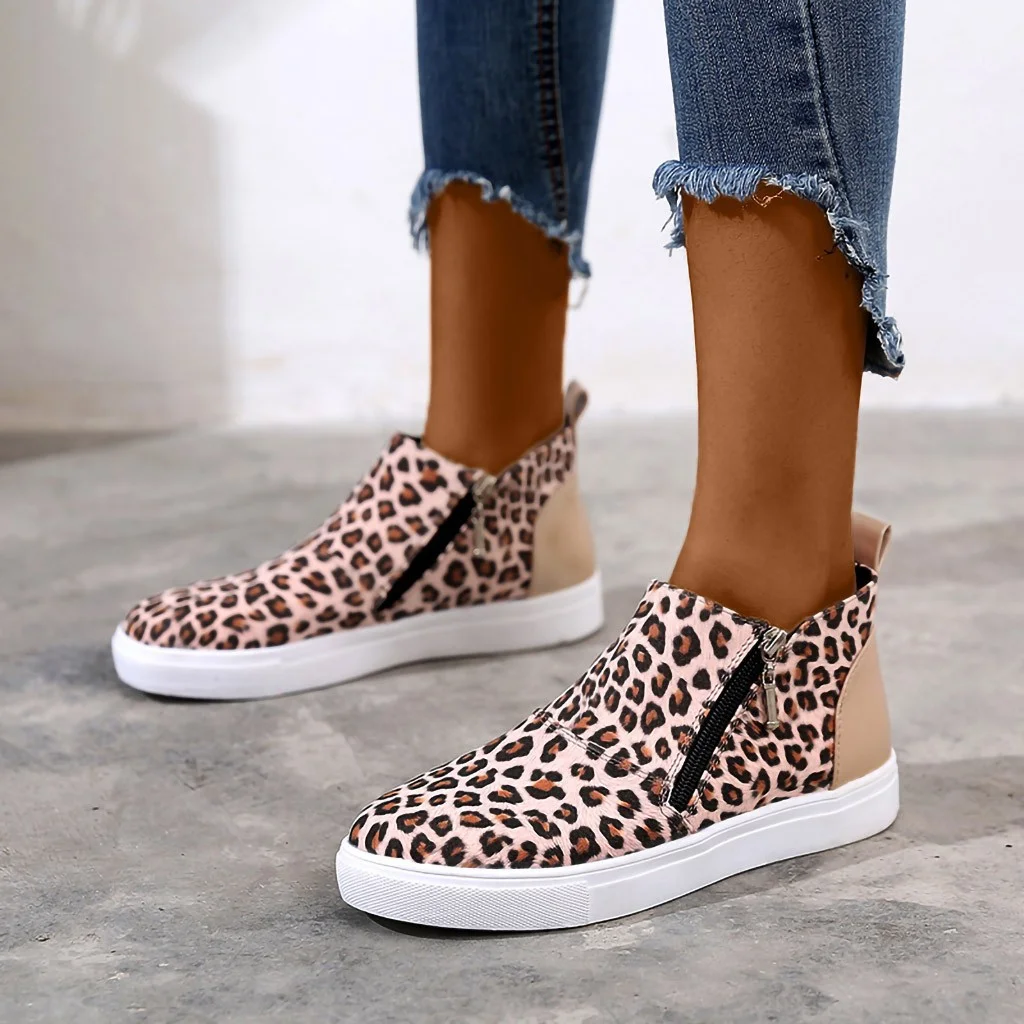 Zipper leopard print casual flat women's shoes