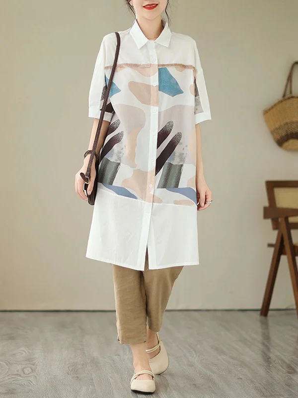 Loose Casual Art Patchwork Printing Long Shirt Dress