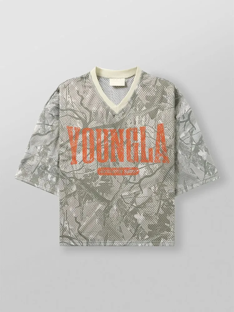 Vintage Young Letters Camouflage Pattern Blokecore Blokette Cotton Football V-neck Jersey T-shirt