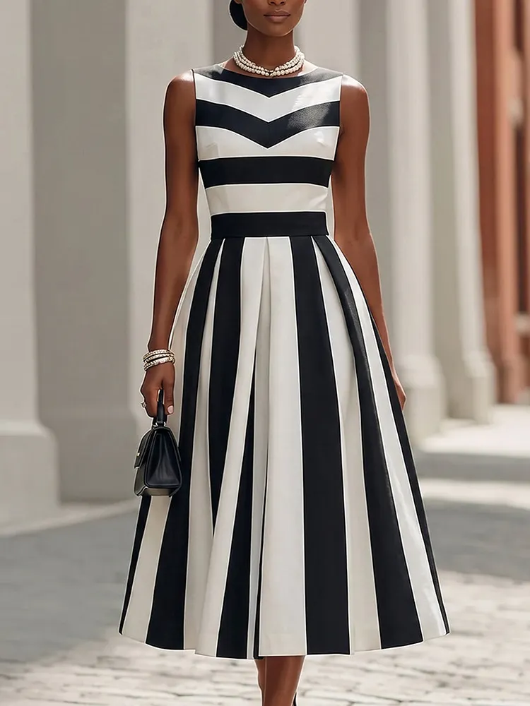 Elegant Vacation Party Artistic Striped Midi Dress