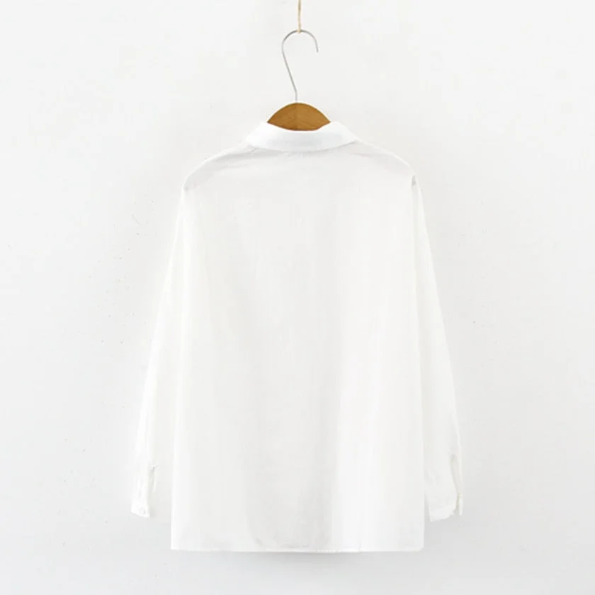 Women Cartoon Bear Print Cotton White Shirt Turn-Down Collar Button Up Cute School Girls Blouse With Plaid Tie Feminina Blusa