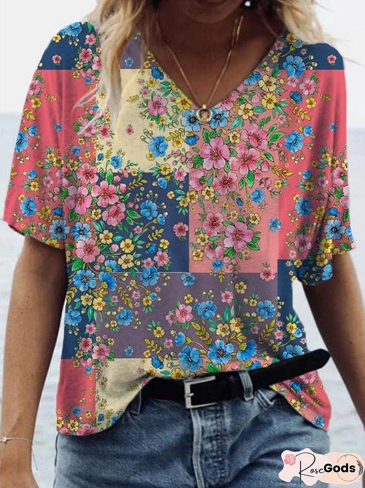 Cotton-Blend Floral Short Sleeve Vintage T-Shirts