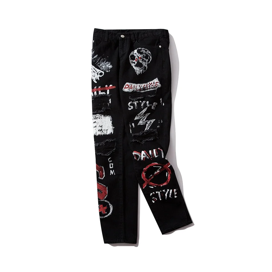 High Street Hole Retro Graffiti Black Skull Jeans Men's Original Straight Slim Punk Pants Calca Masculina Denim Trousers