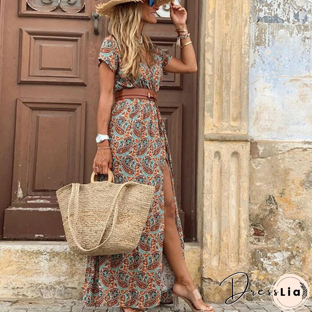 Ladies Summer Sexy Printed Boho Dress with Belt Belt